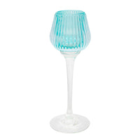 Turquoise ribbed glass candle holder with clear stem, elegant home décor accent piece
