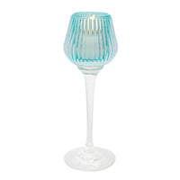 Turquoise ribbed glass candle holder with stem, elegant home décor accent