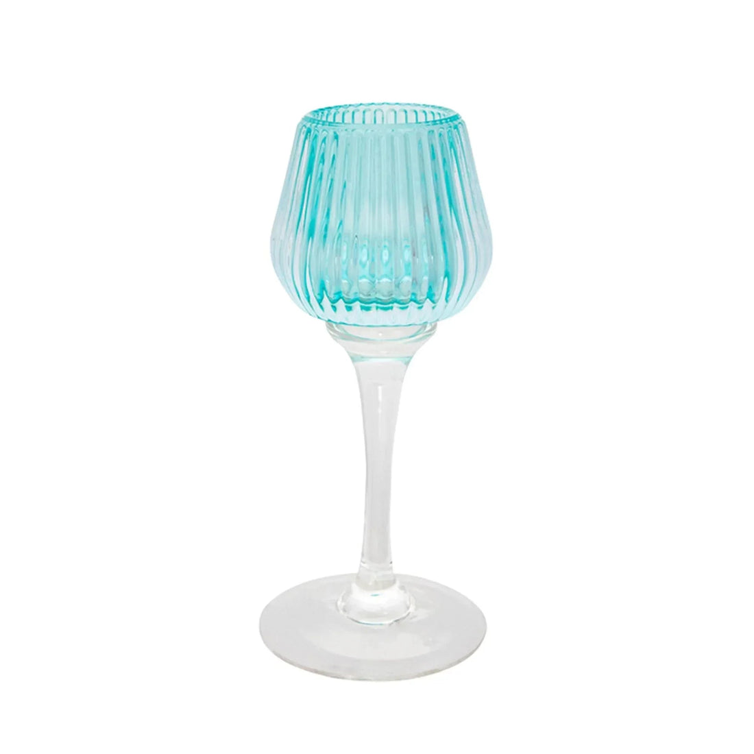 Turquoise ribbed glass wine goblet with clear stem, elegant home décor accent piece