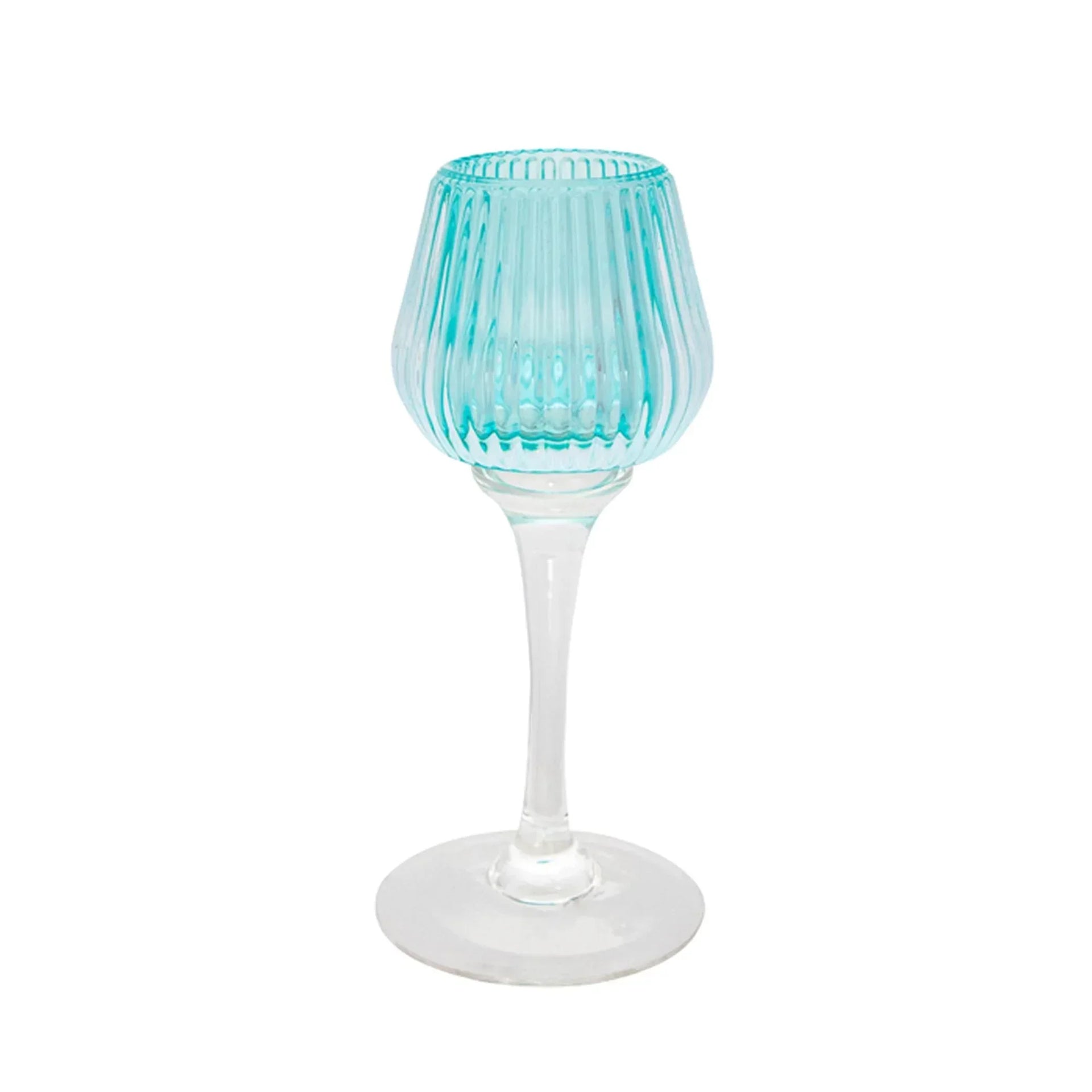 Turquoise ribbed glass wine goblet with clear stem, elegant home décor accent piece