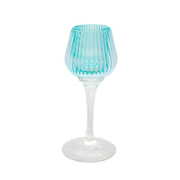Turquoise ribbed glass wine goblet with clear stem, elegant home décor accent piece