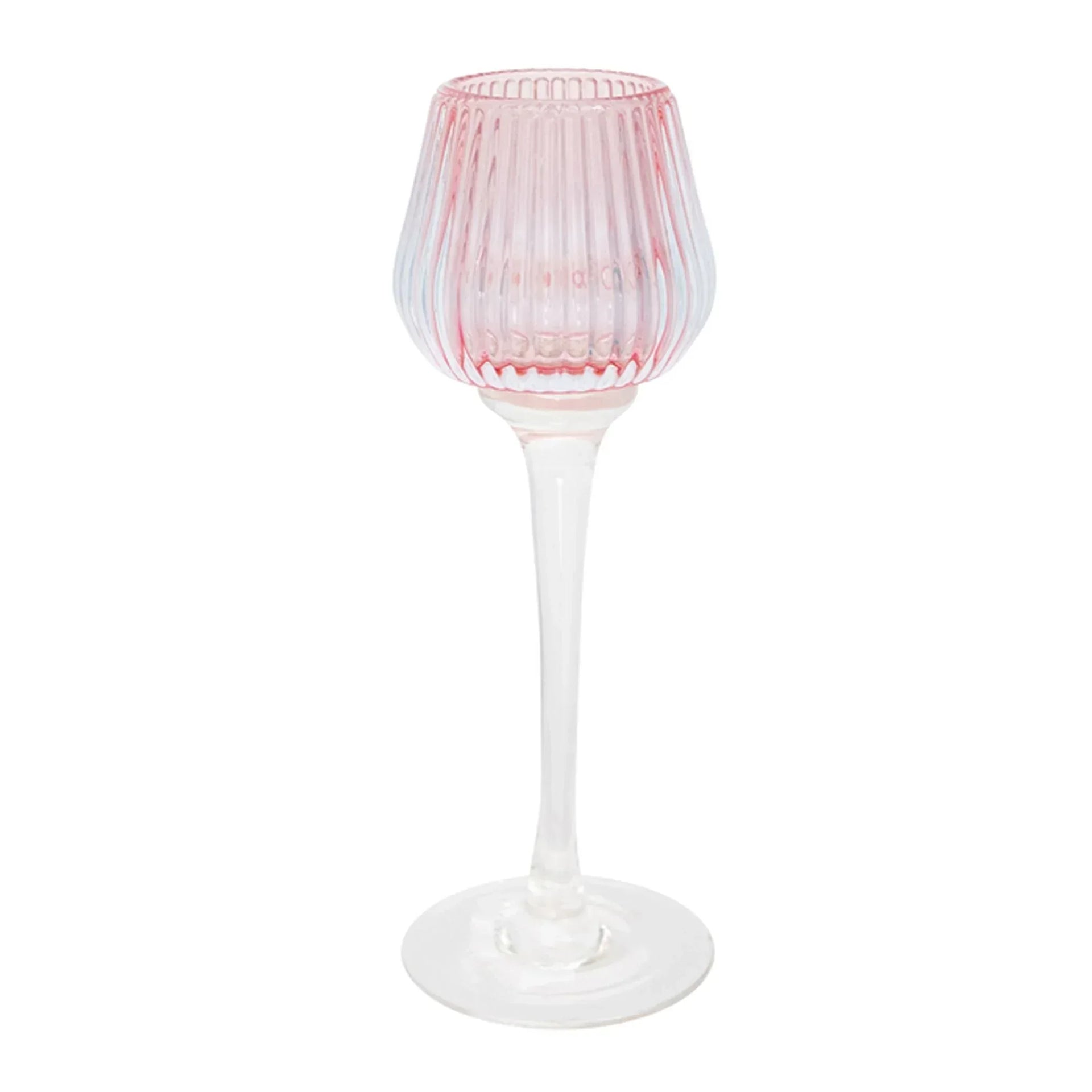 Pink ribbed glass wine goblet with clear stem, elegant home décor accent piece