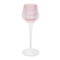 Pink ribbed glass wine goblet with clear stem, elegant home décor accent piece
