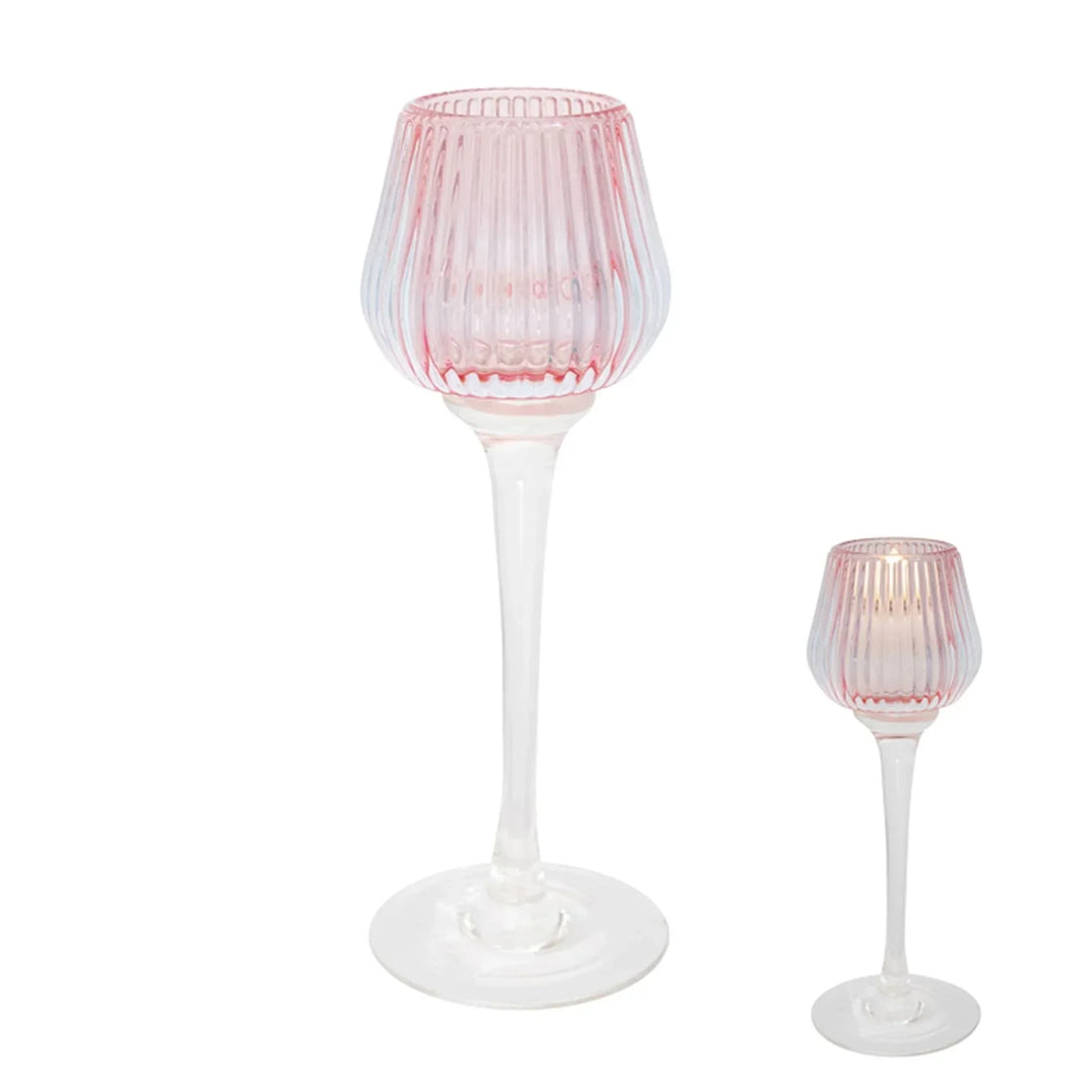 Pink ribbed glass candle holders with clear stems, elegant home décor for vintage or designer interiors