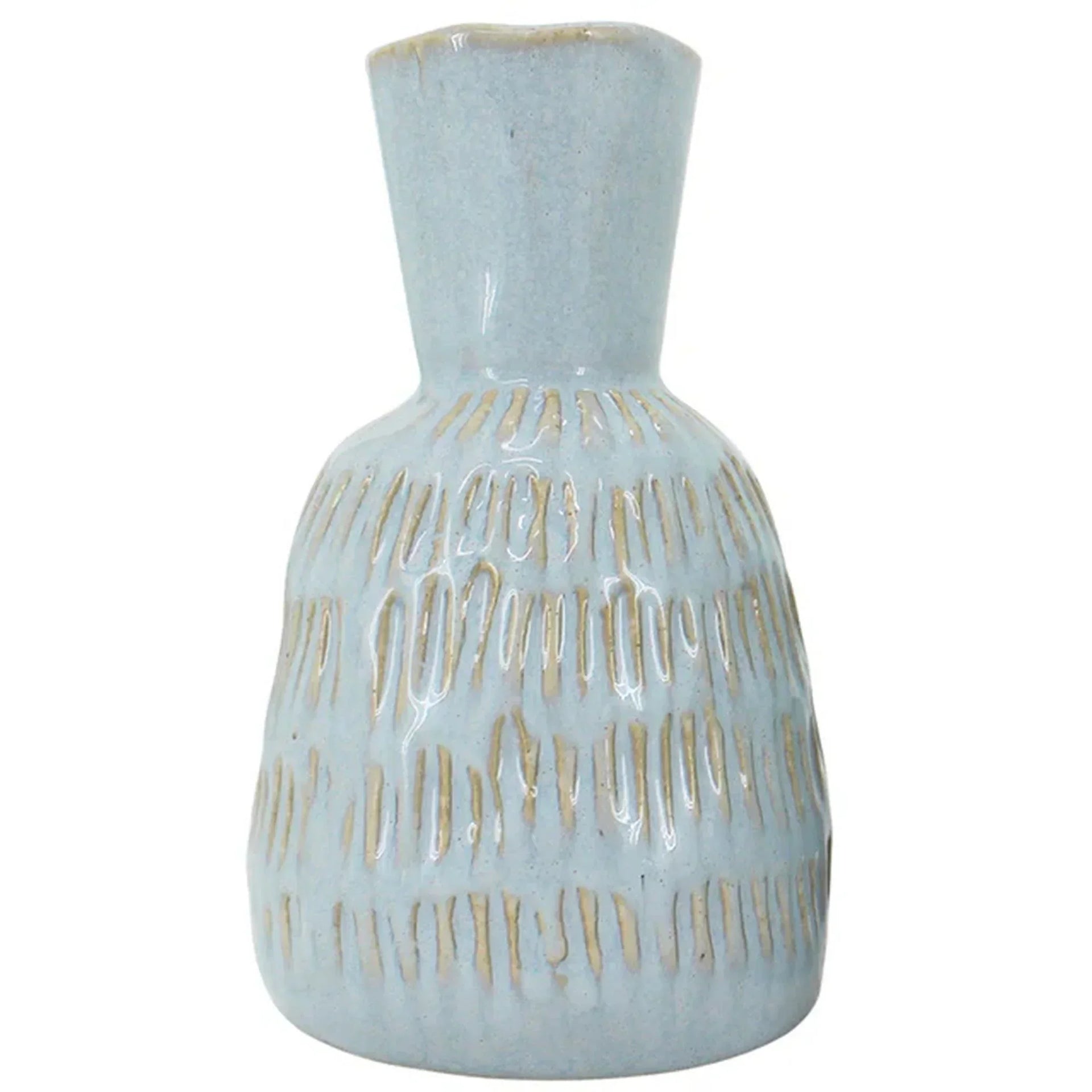 Light blue ceramic vase with textured gold stripes, modern home décor accent piece