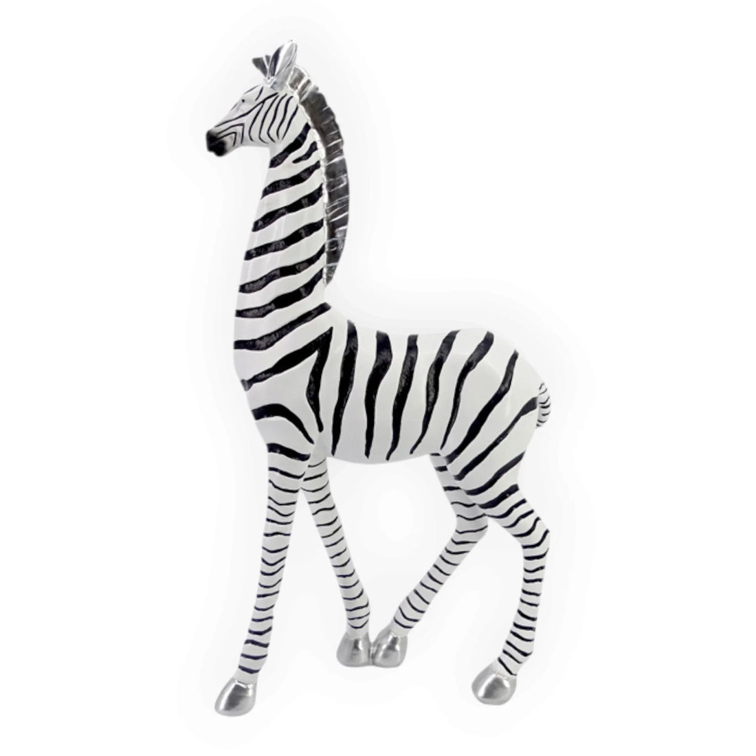 A zebra figurine with black and white stripes and metallic silver hooves, shown against a plain white background.