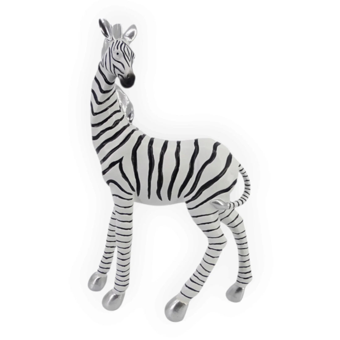 A zebra figurine with a glossy white body and black stripes, featuring metallic silver hooves and a matching silver neck ring, set against a plain white background.