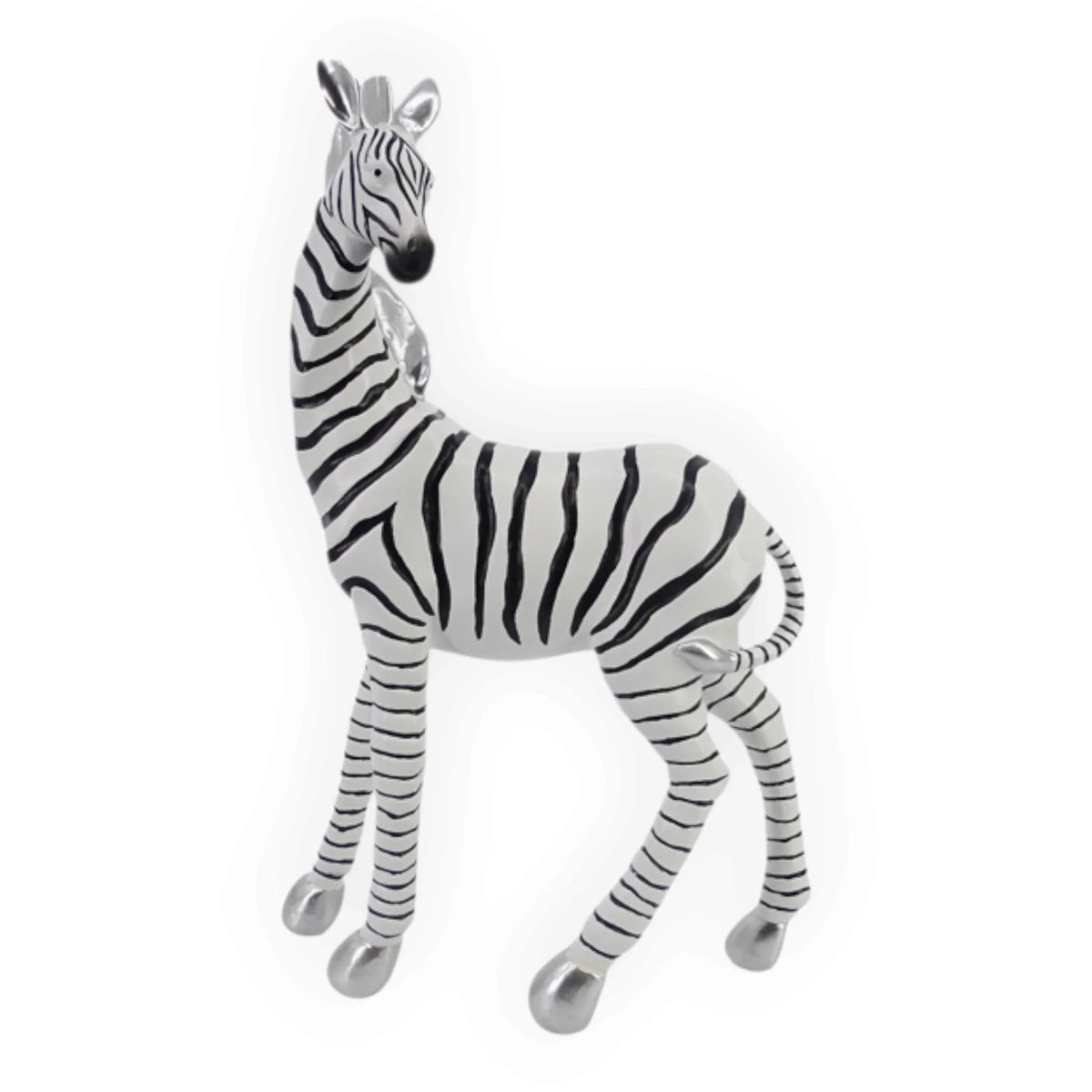 A zebra figurine with a glossy white body and black stripes, featuring metallic silver hooves and a matching silver neck ring, set against a plain white background.