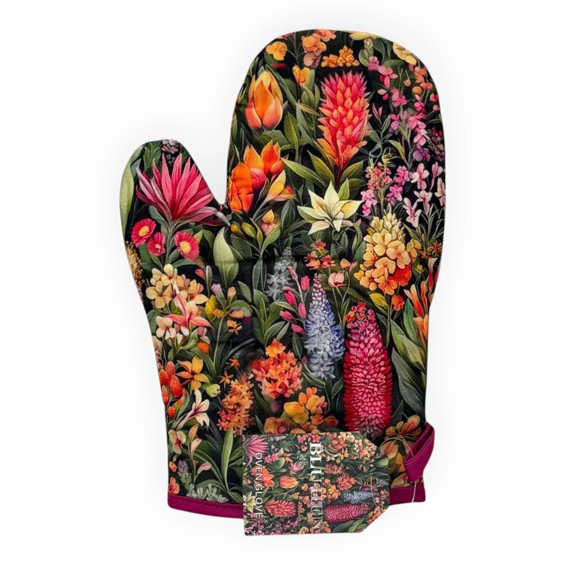 Floral oven glove with vibrant garden print, perfect for kitchen décor and cooking protection