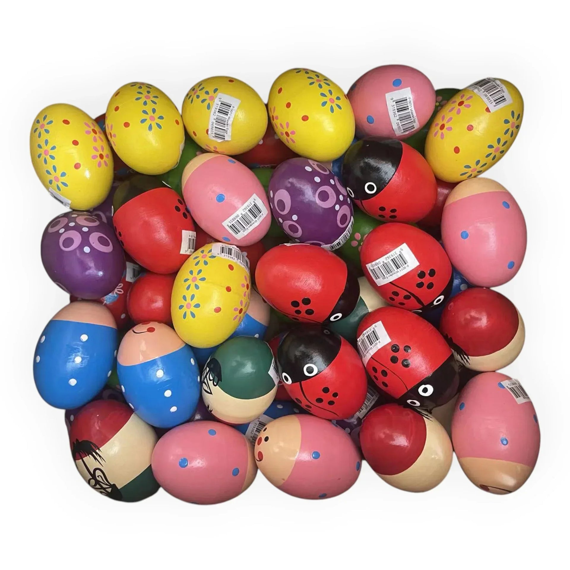 Colorful hand-painted wooden Easter eggs with floral, polka dot & ladybug designs for home décor