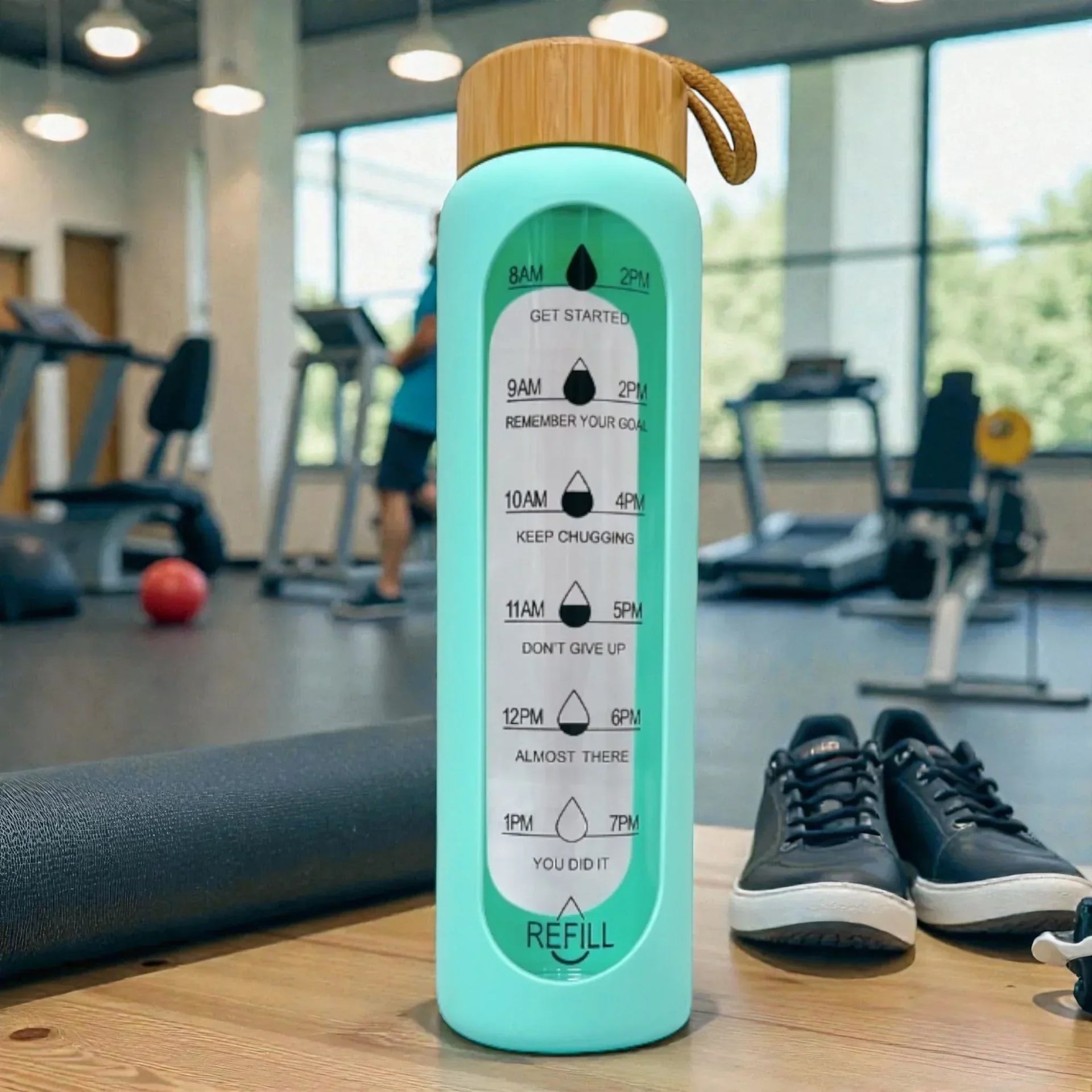 Mint green motivational water bottle with time markers and bamboo lid, gym setting