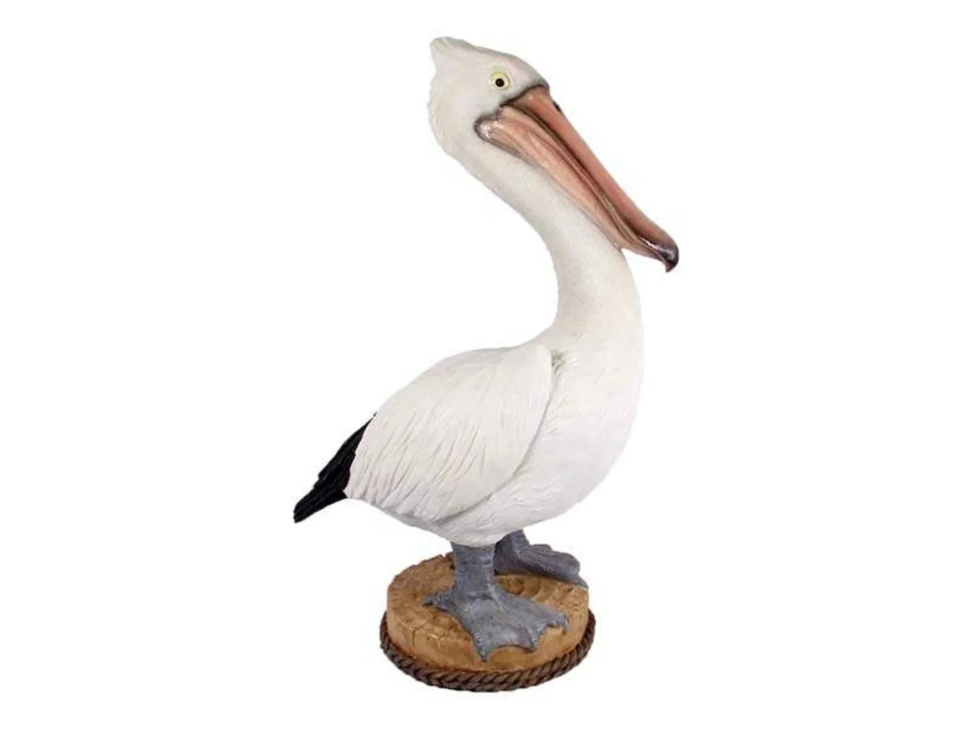 White pelican figurine with detailed feathers, standing on a rope-wrapped base, coastal home décor accent