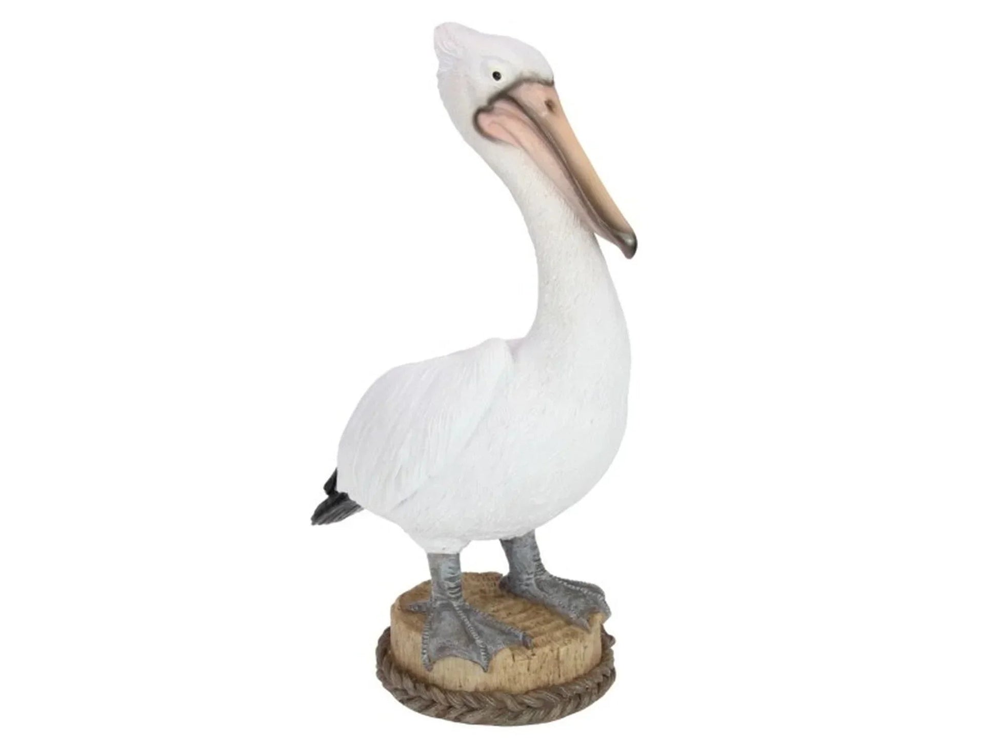 White pelican figurine on wooden base with rope trim, coastal home décor accent piece