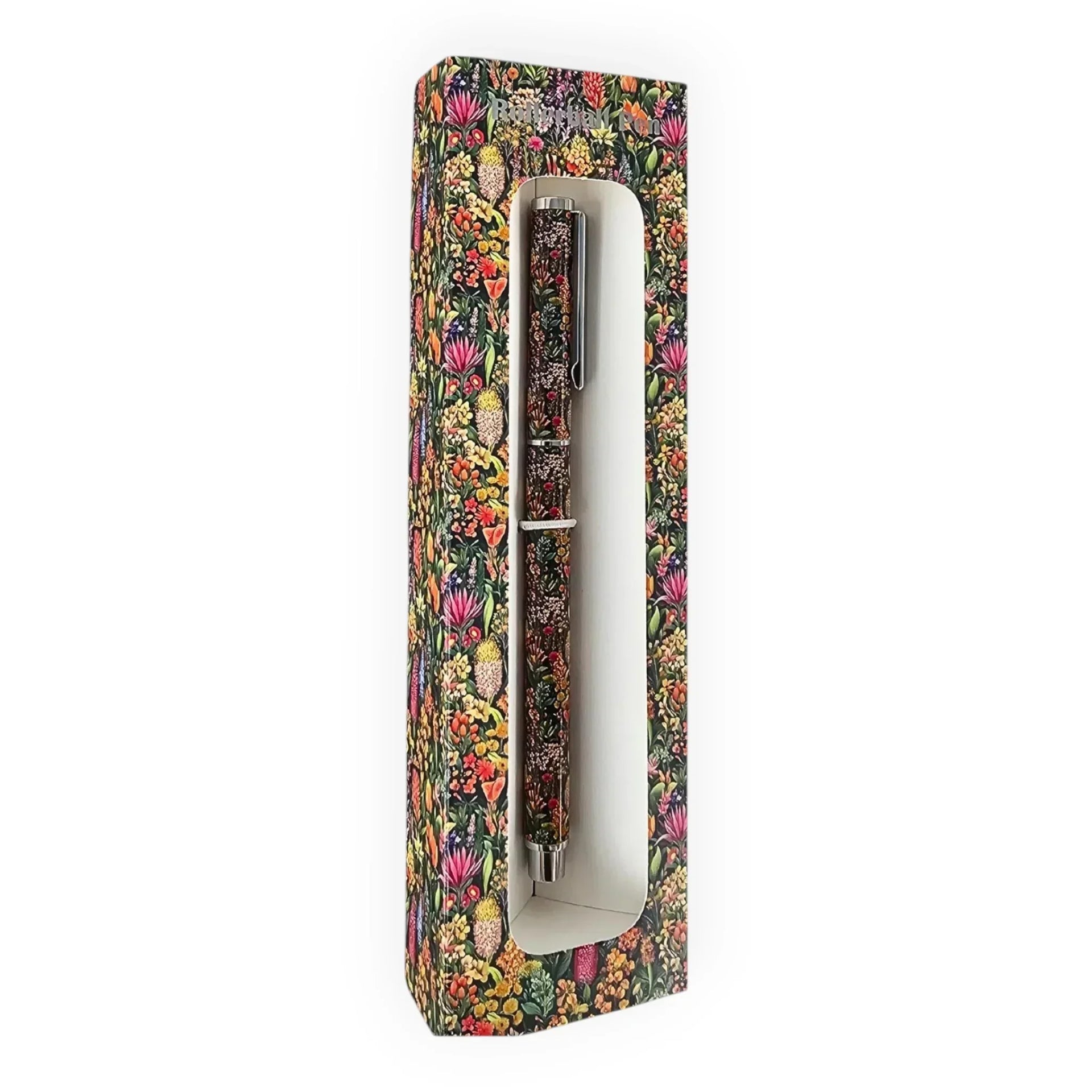Floral patterned rollerball pen in matching gift box, elegant home décor accessory