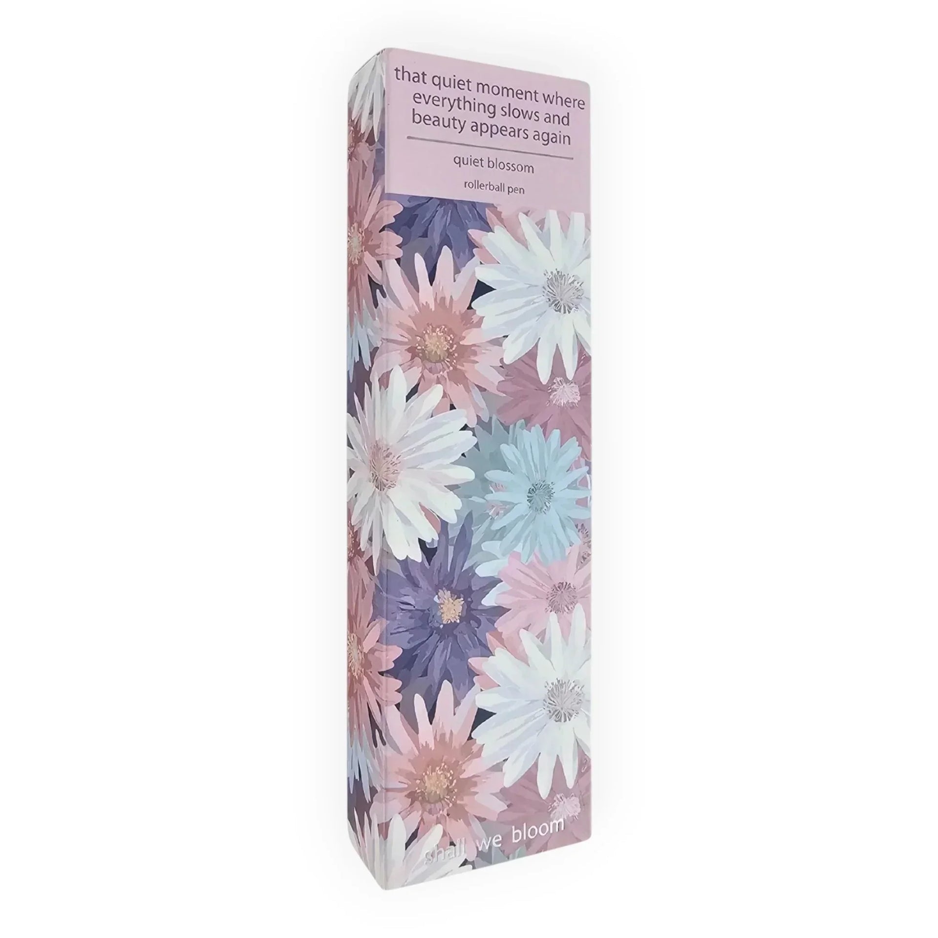 Quiet Blossom rollerball pen in floral packaging with pastel daisies, perfect for elegant home décor or gifting.
