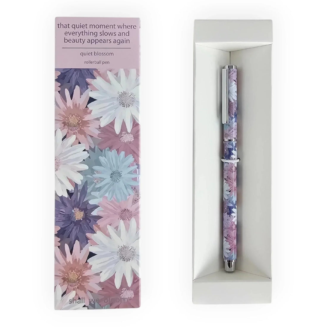 Quiet Blossom rollerball pen with floral design in gift box, elegant home décor accessory