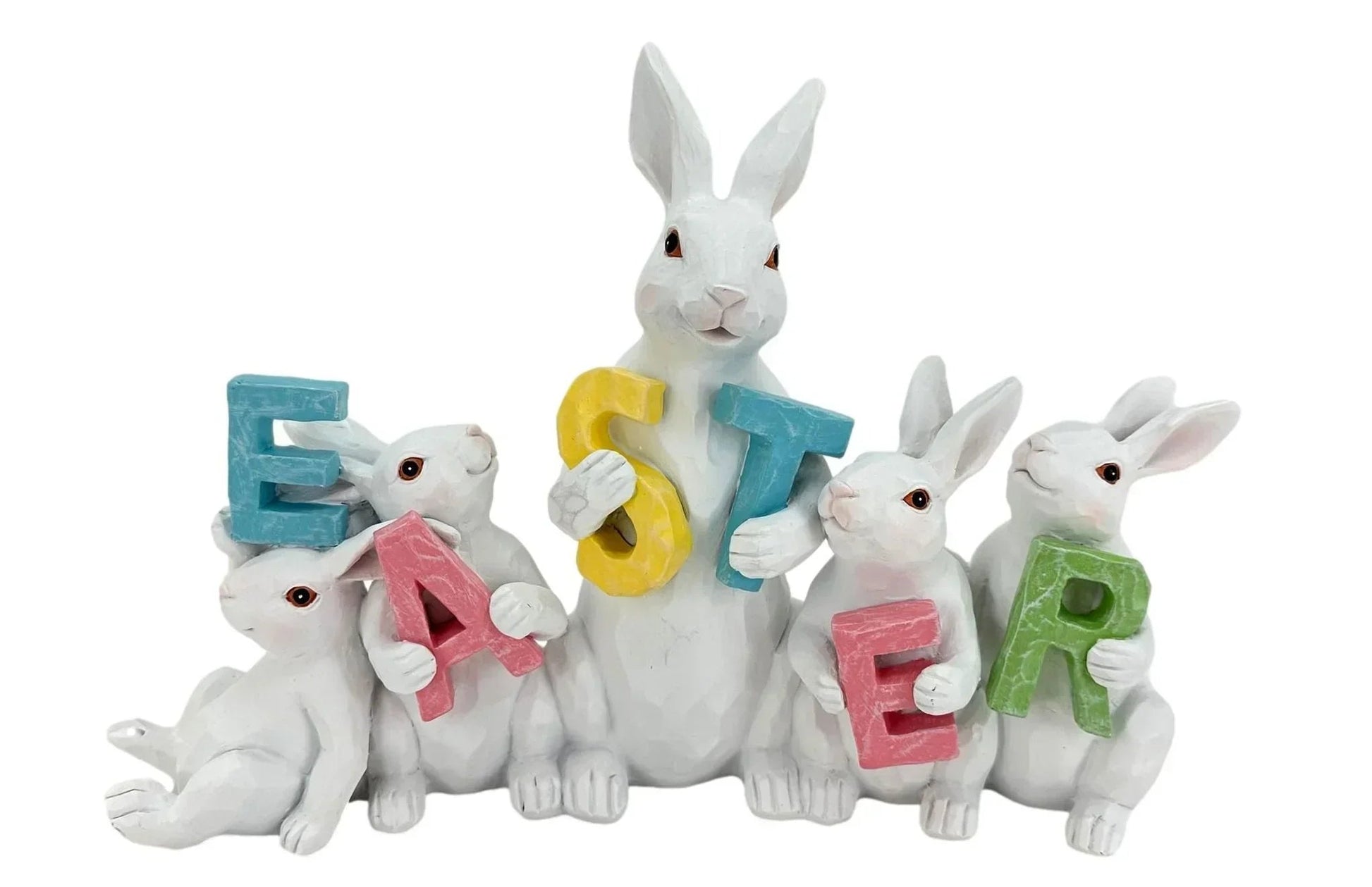 White bunny figurines holding colorful 'EASTER' letters for spring home décor