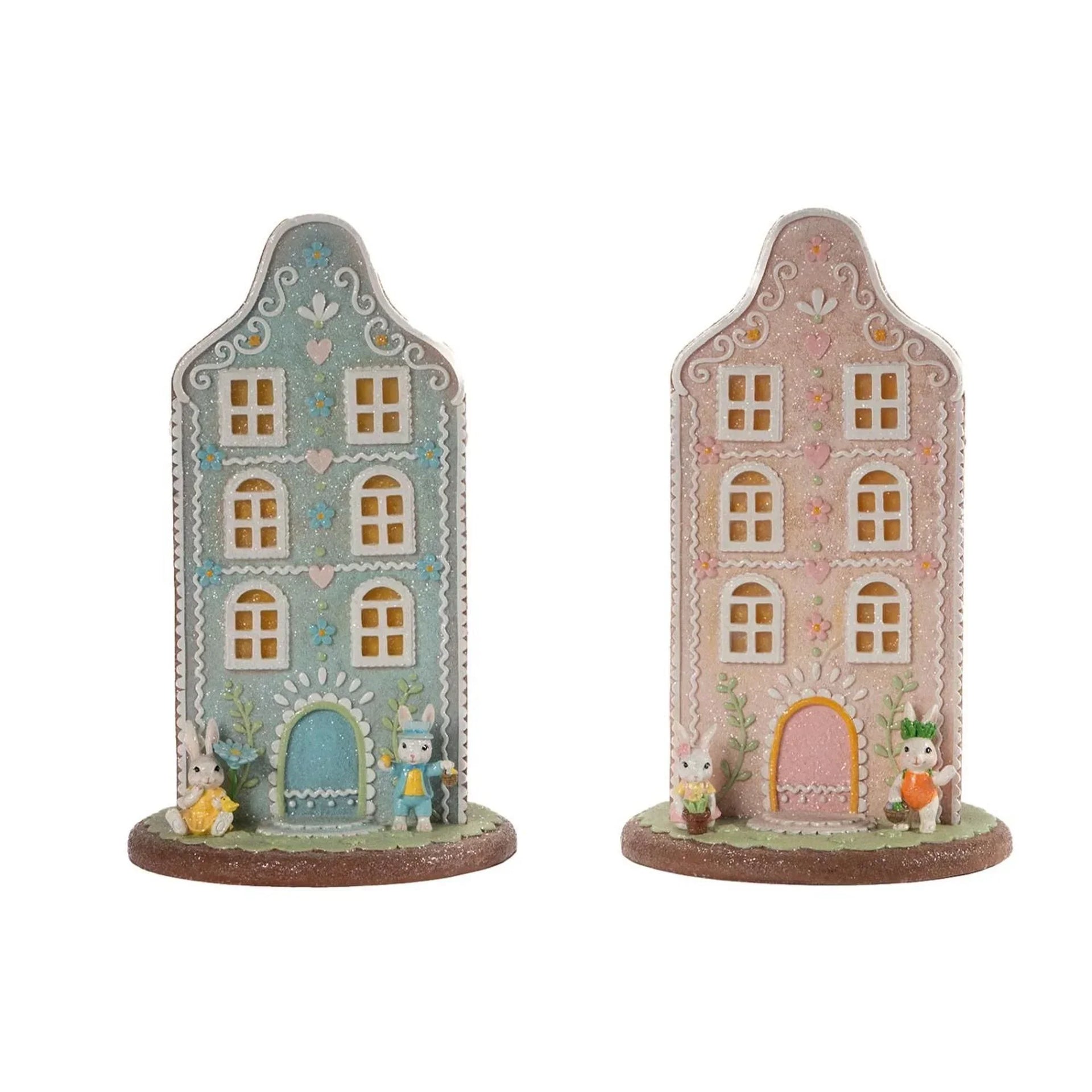 Charming pastel bunny houses with glitter details, perfect for Easter home décor and vintage-inspired displays.