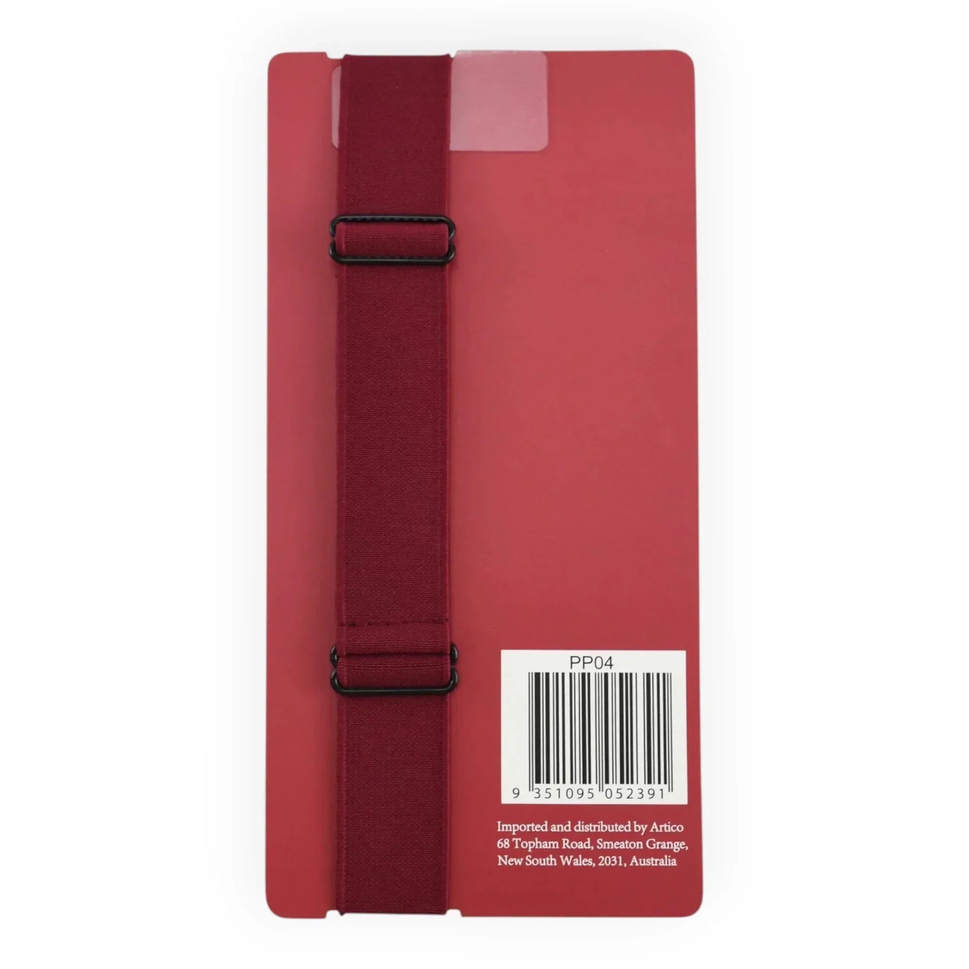 Burgundy elastic strap with black buckles on red packaging, PP04 product label, Australia distributed