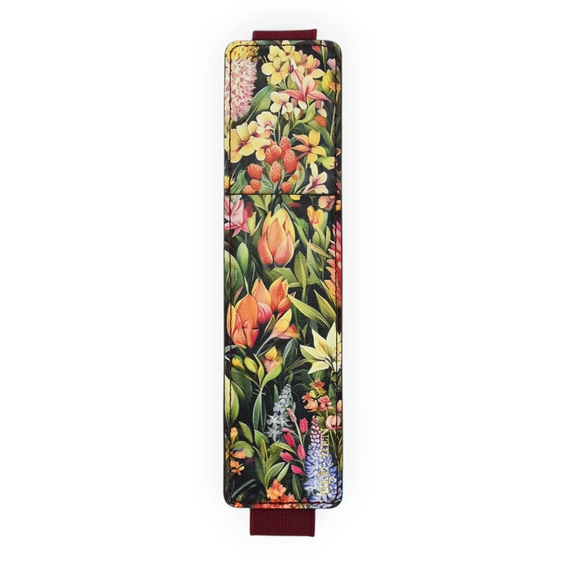 Floral patterned bookmark with vibrant tulips, lilies, and berries on dark background, perfect for home décor lovers.