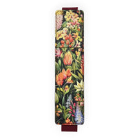 Floral patterned bookmark with vibrant tulips, lilies, and berries on dark background, perfect for home décor lovers.