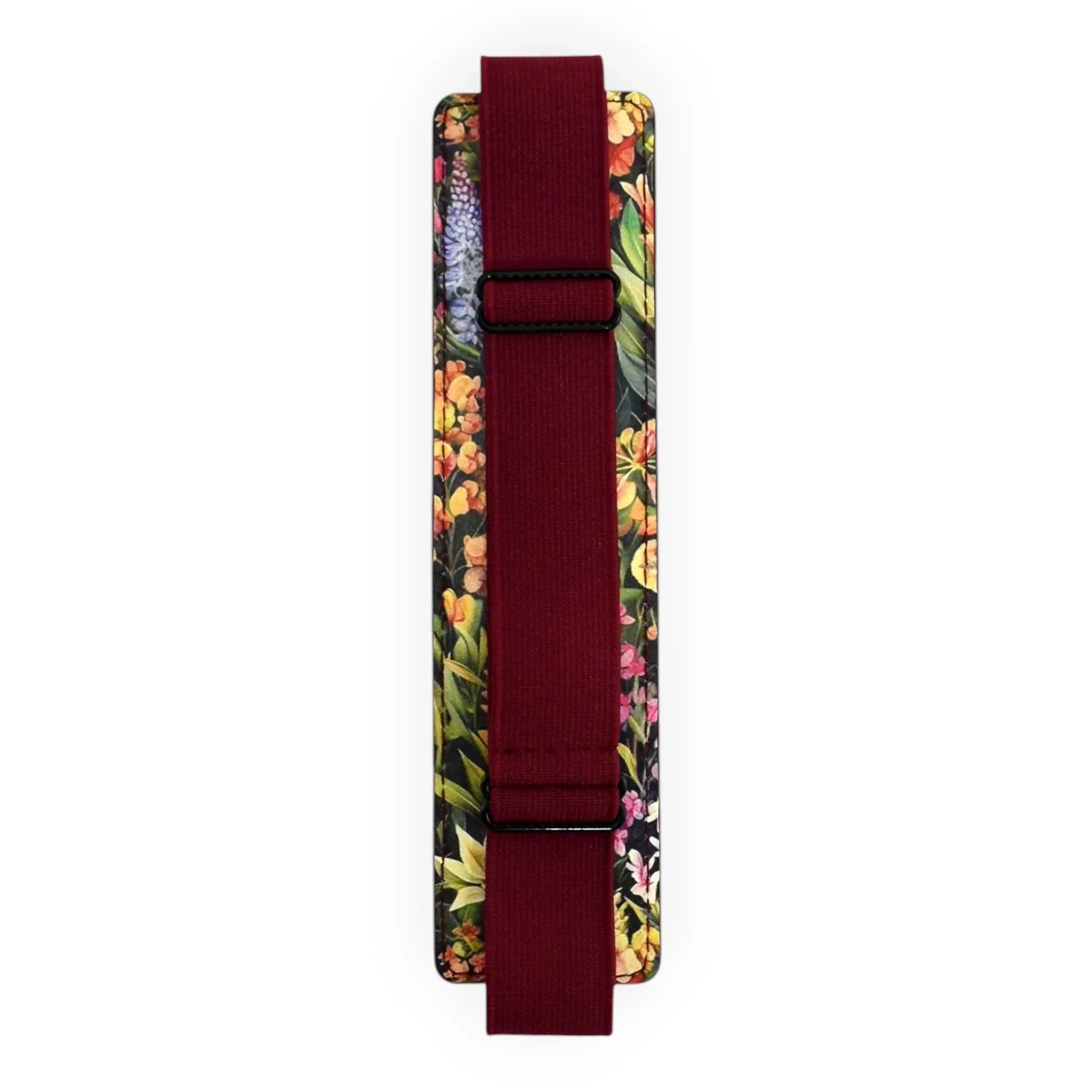 Floral patterned bag strap with burgundy adjustable strap and black buckles, ideal for home décor accessories