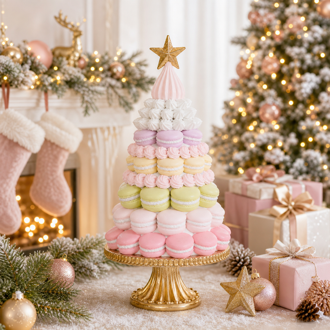 Holly & Ivy pastel macaron patisserie tree on a gold stand in a festive holiday setting