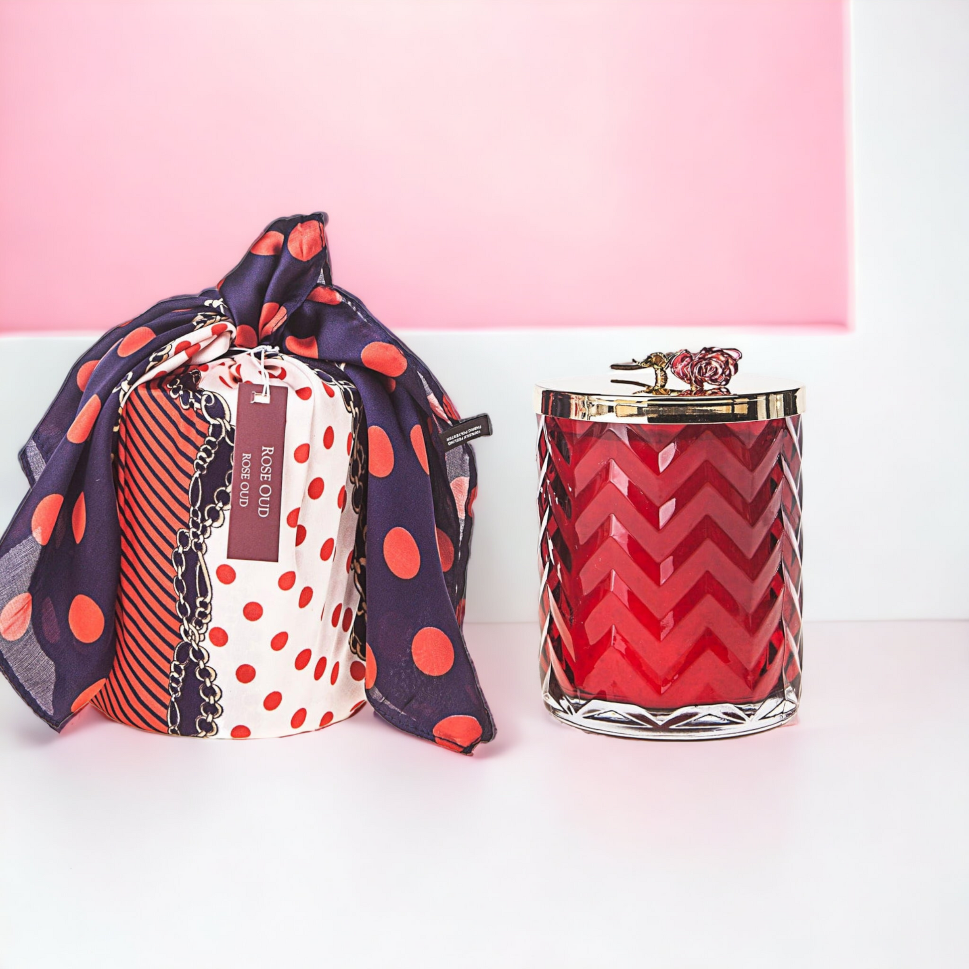 Cote Noire Red Herringbone Candle with Scarf