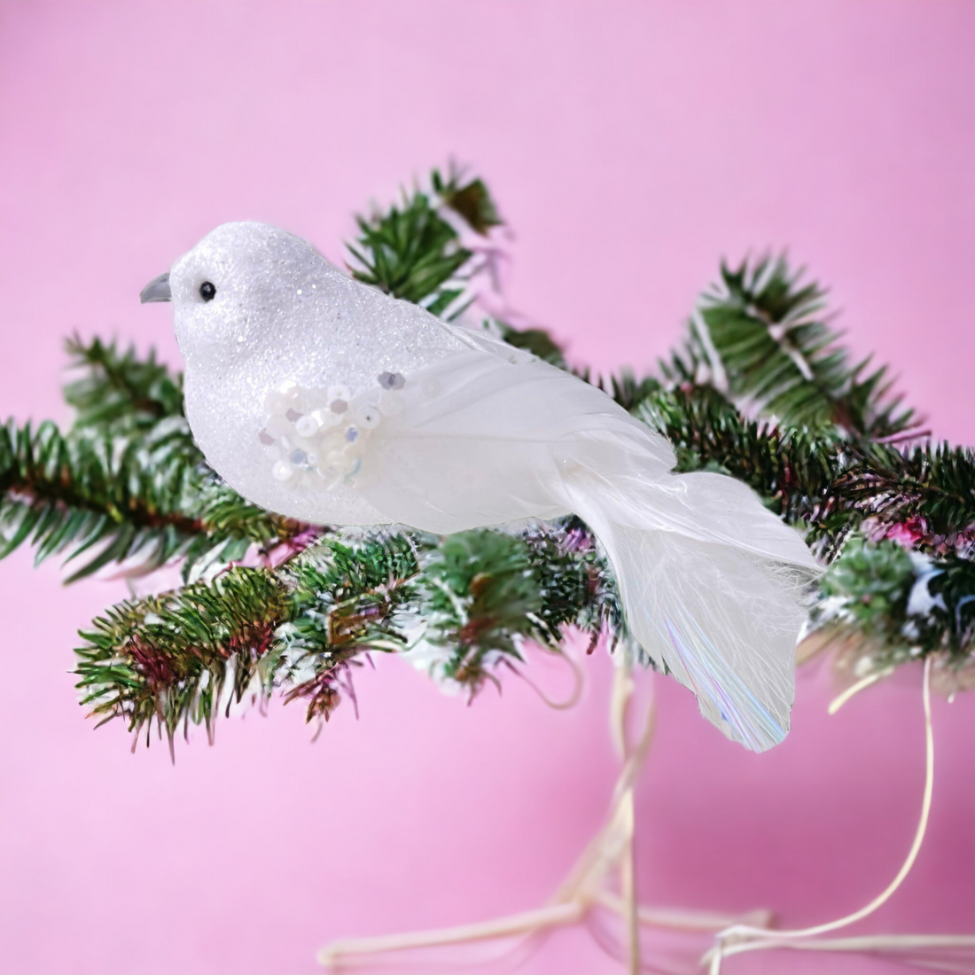 Tree Decoration - White Sparkle Clip Bird with Irridescent Tail