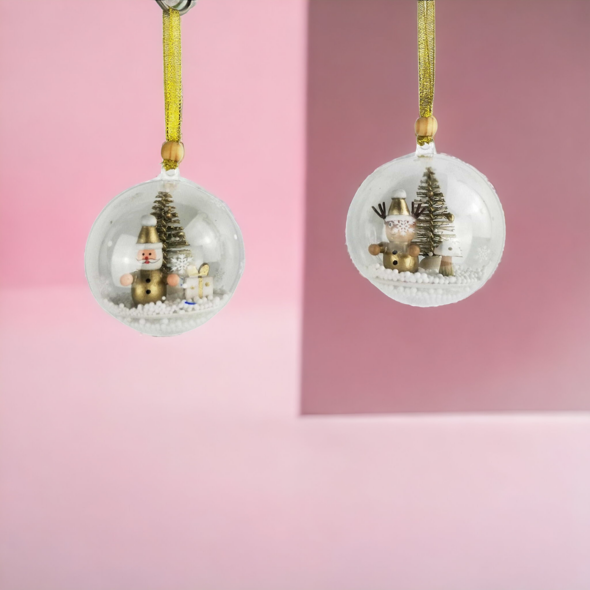 Santa & Reindeer in Bauble Hanging Decoration White & Gold (Set of 2)