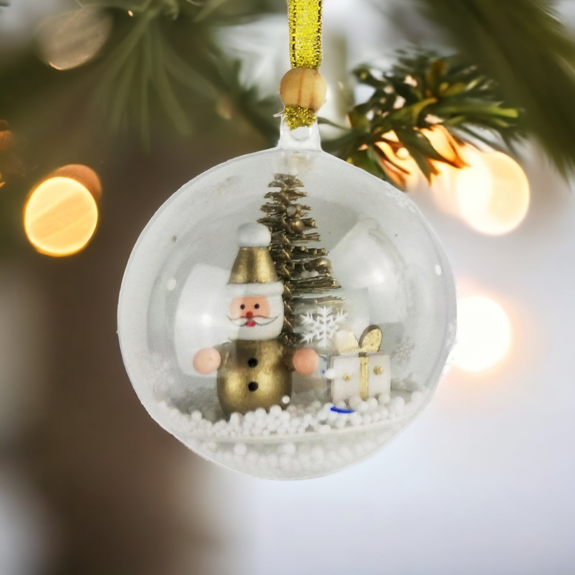 Santa & Reindeer in Bauble Hanging Decoration White & Gold (Set of 2)