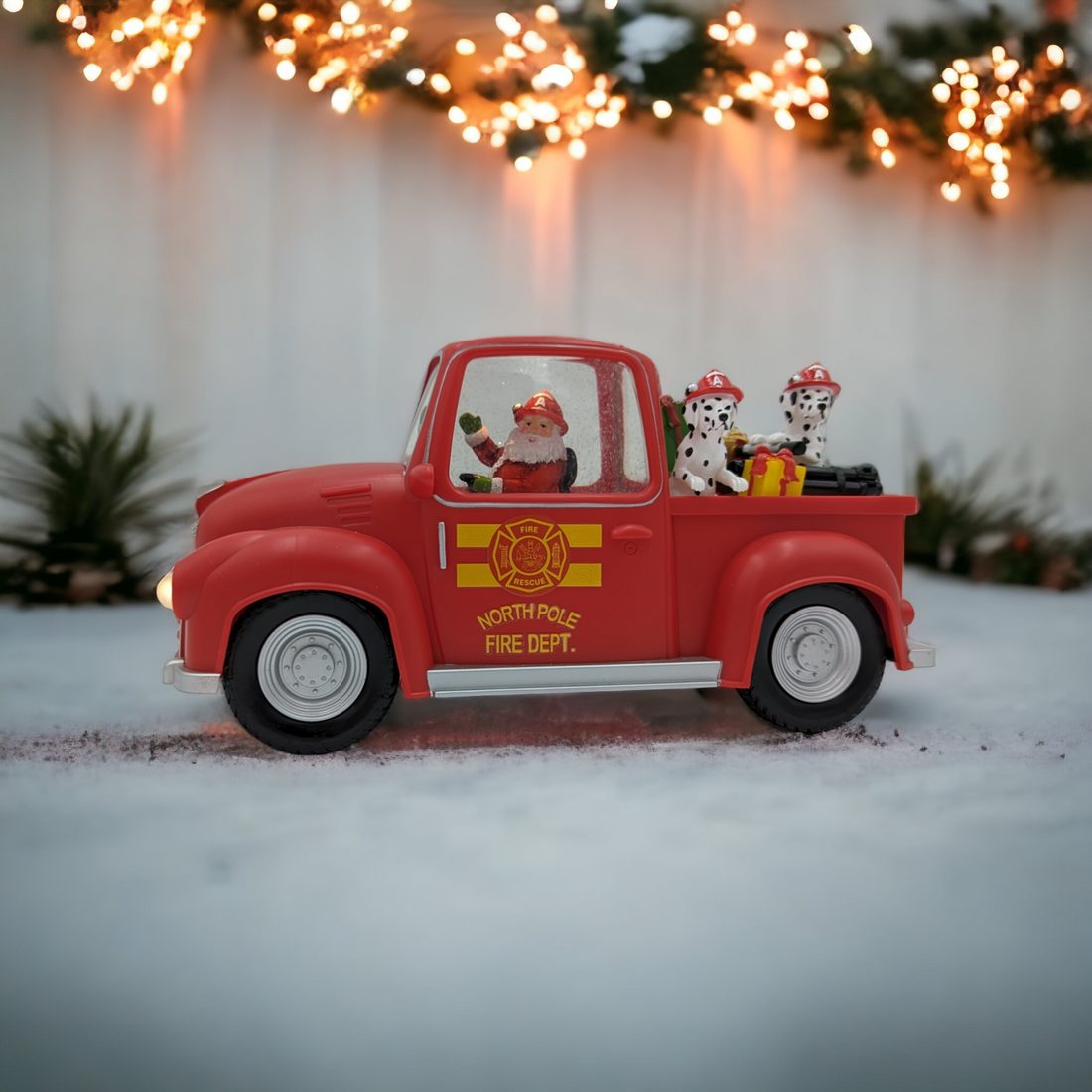 Light-Up North Pole Fire Truck with Santa and Dalmations Decoration