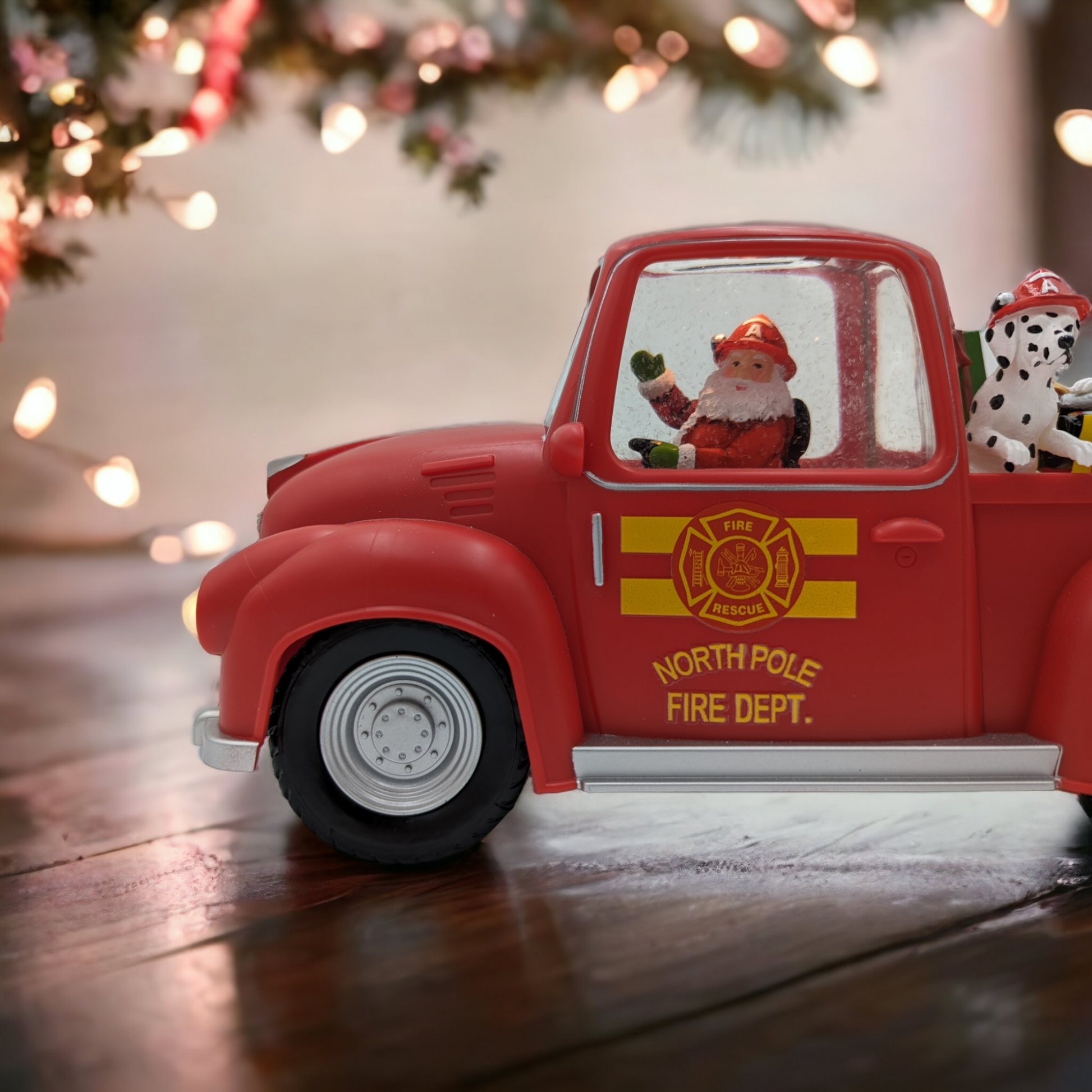 Light-Up North Pole Fire Truck with Santa and Dalmations Decoration