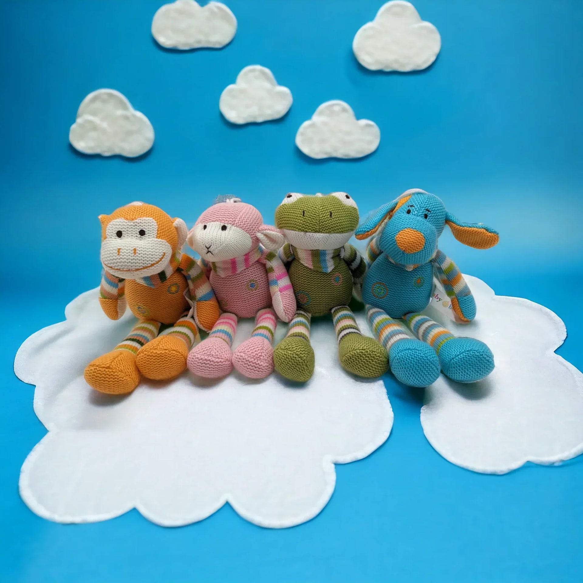 Knitted animal toys: monkey, lamb, frog, dog on cloud, baby nursery decor