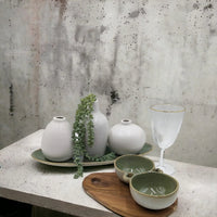 Minimalist white ceramic vases with green succulent, textured glassware, and sage bowls on wooden tray for modern home décor