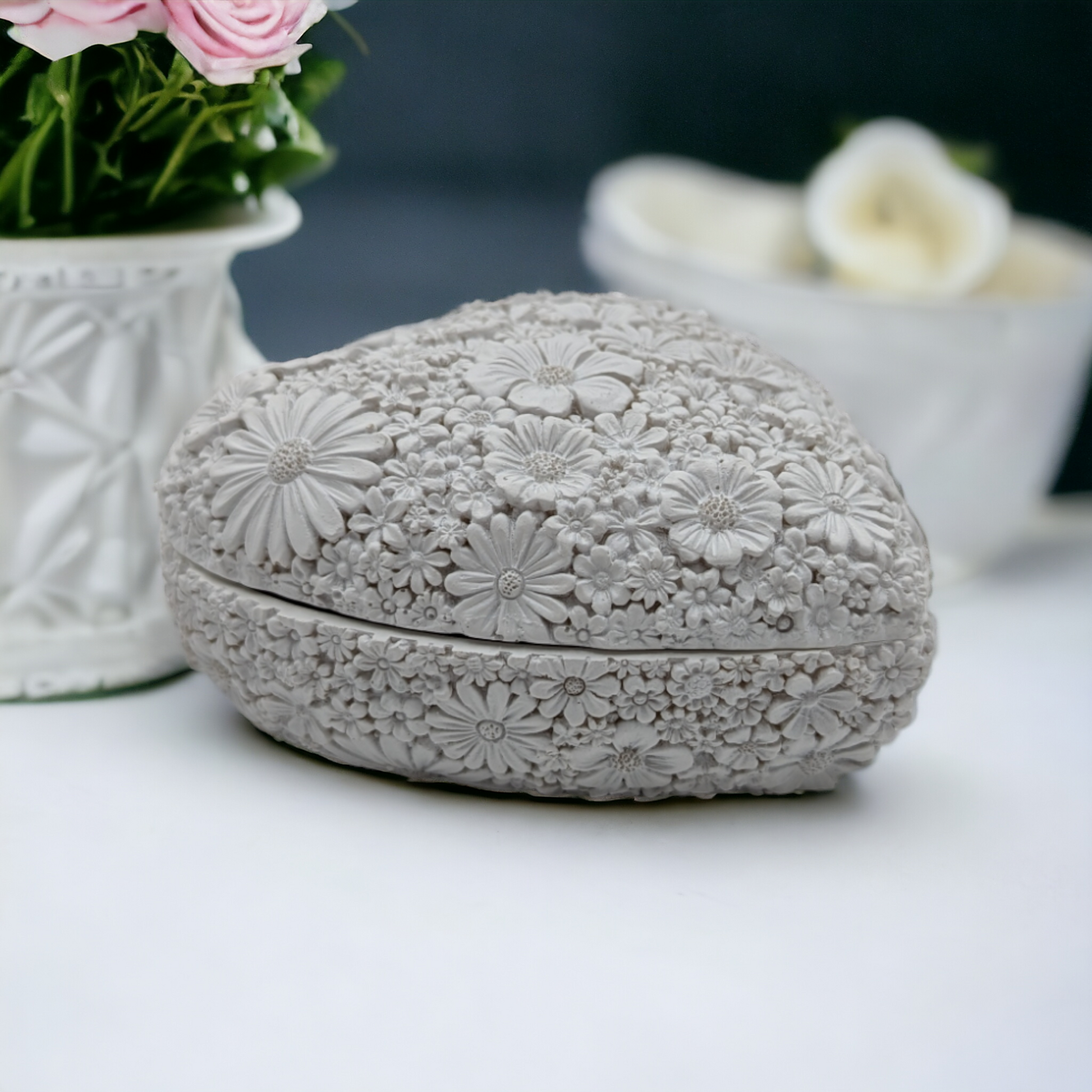 Floral Heart Trinket Box - White