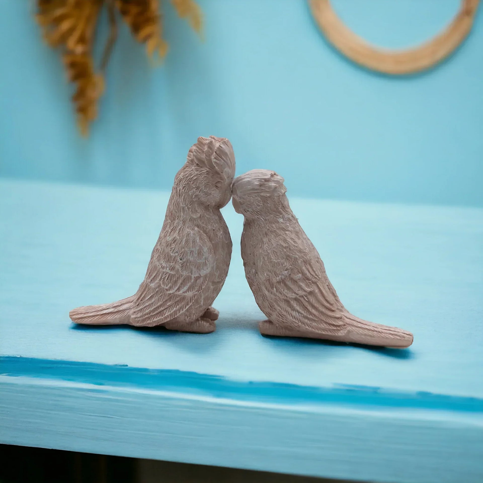 Romantic bird figurines kissing, rustic home décor for shelves or mantels