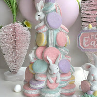Pastel macaron tower with white bunnies, Easter home decor, vintage-style spring centerpiece
