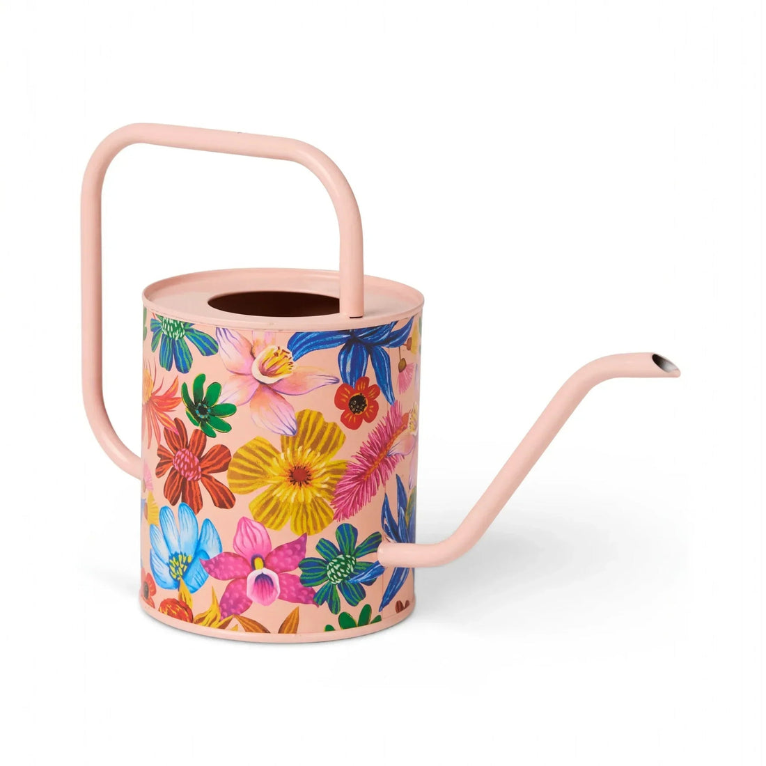 Pink floral watering can with colorful blooms, perfect for garden decor and indoor plants