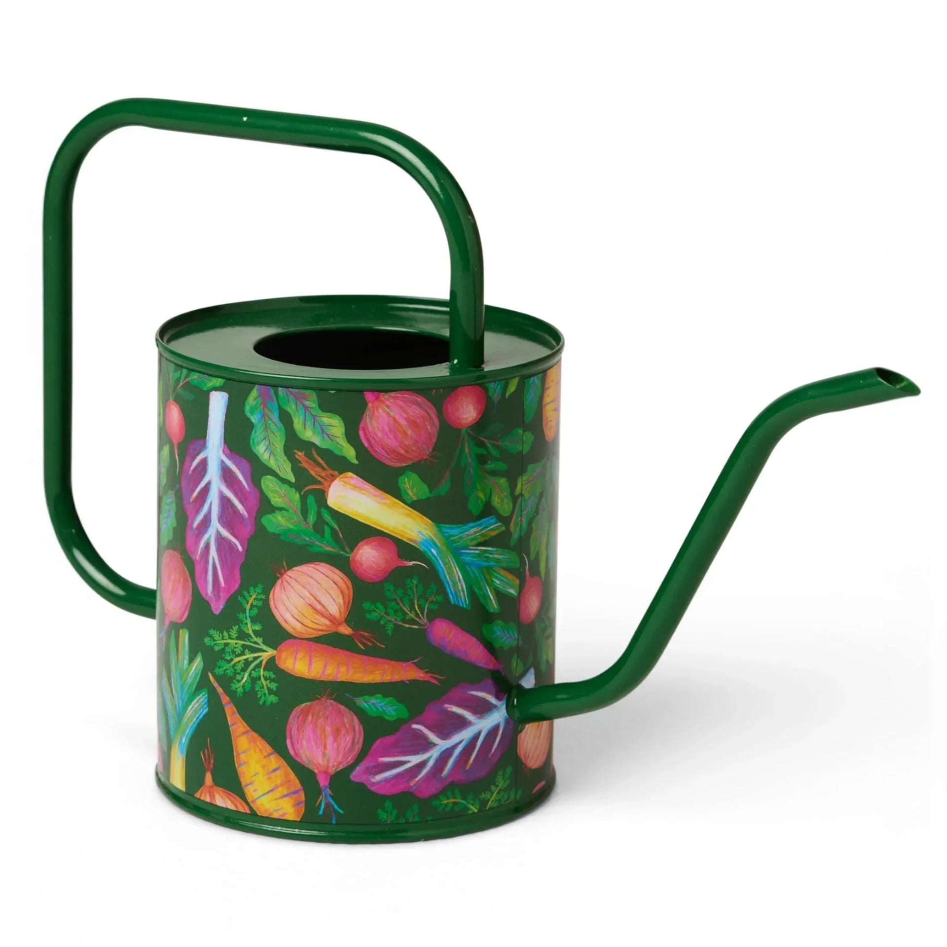 Green metal watering can with colorful vegetable print, perfect for garden decor and indoor plants.