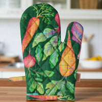Colorful vegetable print oven mitt with quilted design, perfect for kitchen decor and cooking safety.