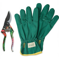 Green gardening gloves with carrot embroidery and floral pruning shears for home garden care