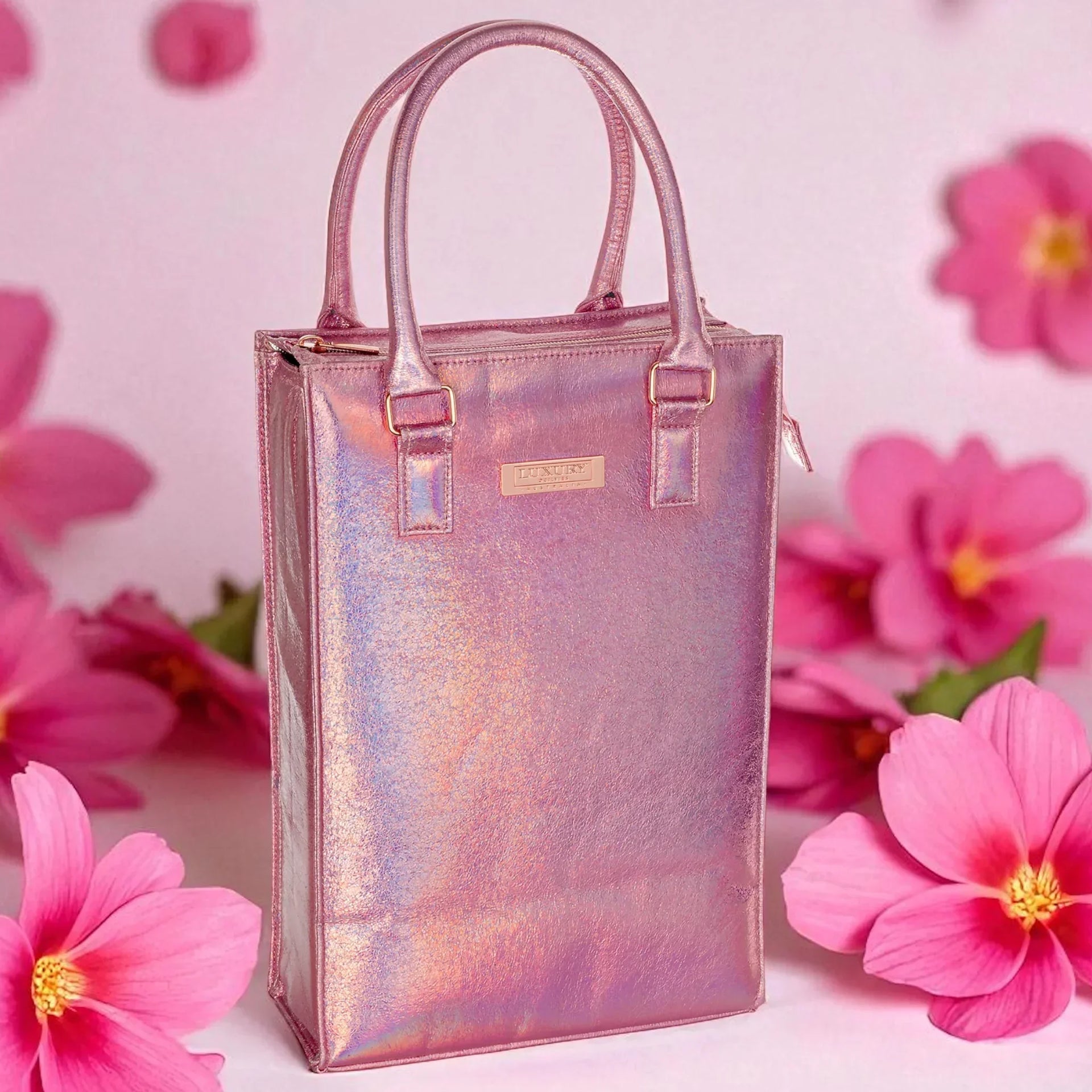 Iridescent pink wine tote bag with gold hardware, surrounded by pink flowers