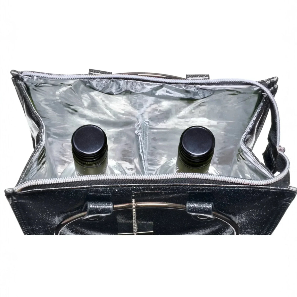 Sparkly black wine tote bag with insulated interior holding two bottles, perfect for home entertaining or gifting.