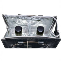 Sparkly black wine tote bag with insulated interior holding two bottles, perfect for home entertaining or gifting.