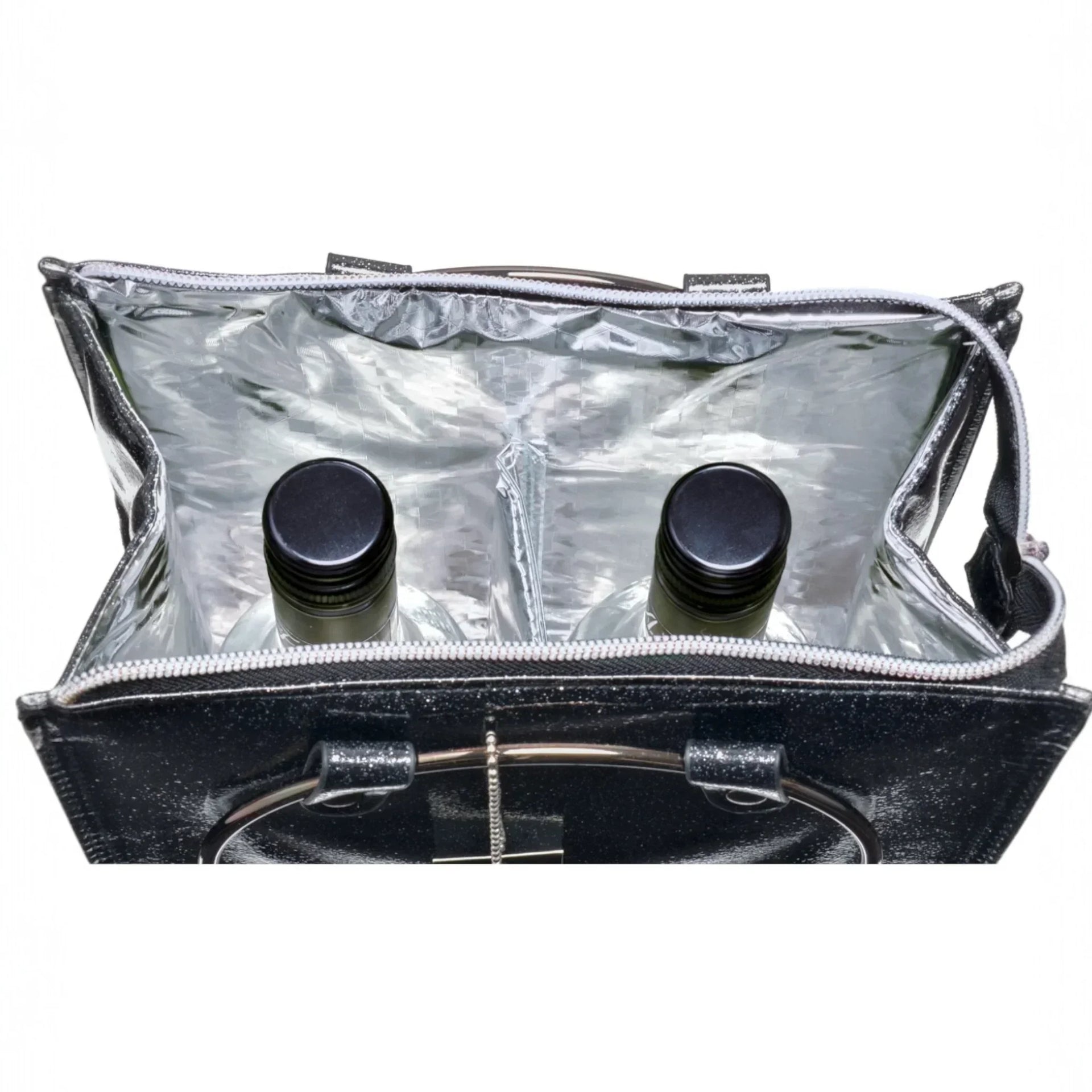 Sparkly black wine tote bag with insulated interior holding two bottles, perfect for home entertaining or gifting.