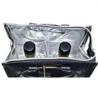 Sparkly black wine tote bag with insulated interior holding two bottles, perfect for home entertaining or gifting.