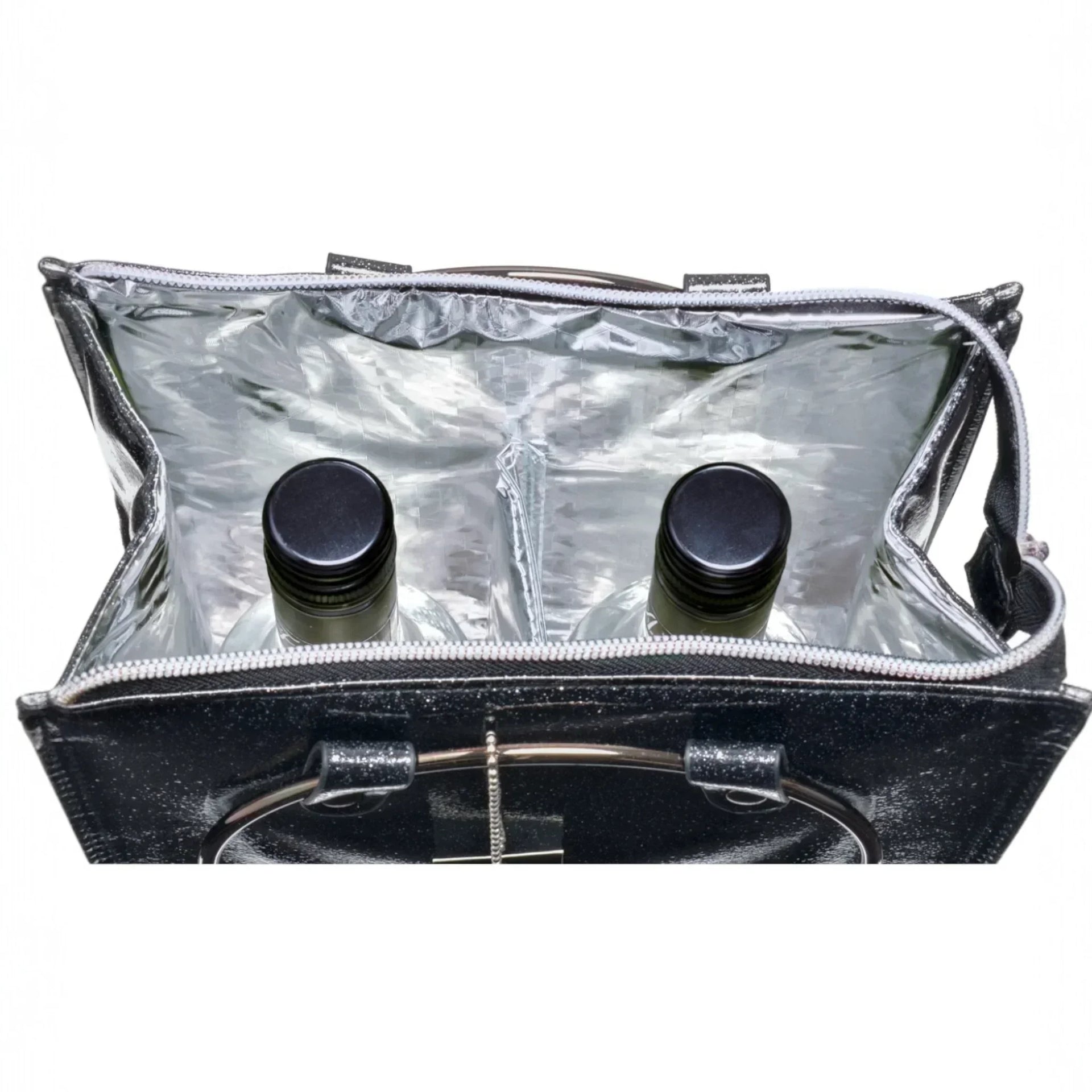 Black glitter wine tote bag with two bottles inside, perfect for home décor and gifting