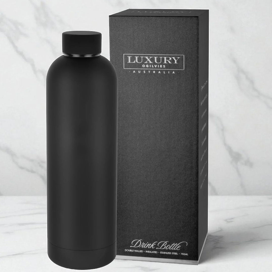 Matte black insulated drink bottle with luxury packaging, double-walled stainless steel, 750ml