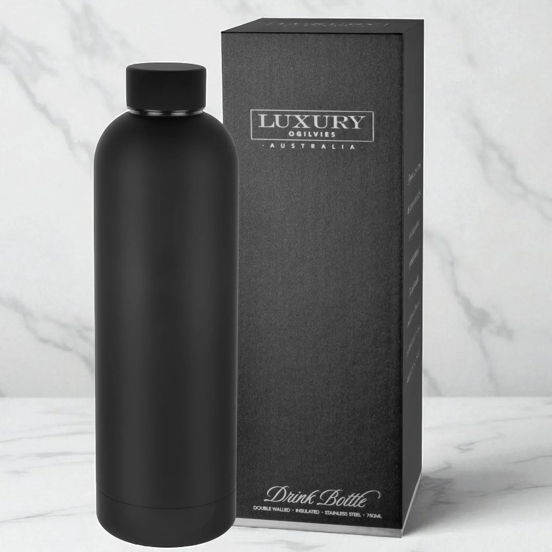 Matte black insulated drink bottle with luxury packaging, double-walled stainless steel, 750ml